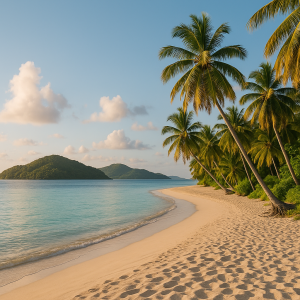 Tropical beach with palm trees and clear blue water under a sunny sky, perfect for slow travel island stays.
