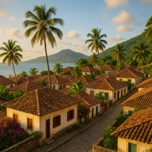 Scenic traditional island town with tiled roofs and palm trees along the coast at sunset.