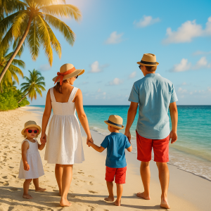 Family of four holding hands and walking on a sunny tropical beach with palm trees and clear blue sky.