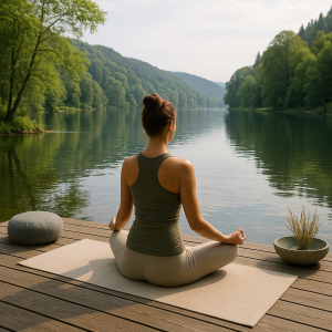 Woman meditating in yoga pose on wooden dock by calm lake surrounded by green forest, symbolizing wellness retreats near wate