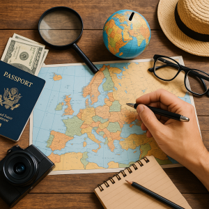 Flat lay of travel essentials including a Europe map, passport, camera, and accessories on a wooden table for budget travel t