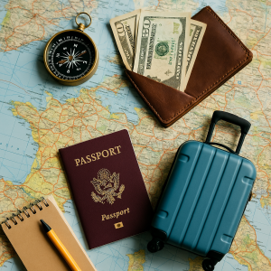 Travel essentials like a passport, compass, money, suitcase, and notebook arranged on a map for budget travel planning.