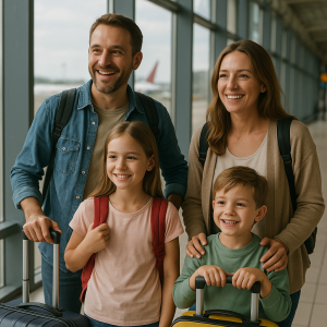 Happy family of four happily traveling together with luggage in an airport, illustrating value family travel.