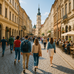 Crowded historic European street with outdoor cafes and church tower, ideal for cultural city walking routes