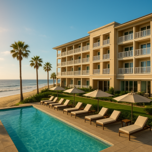 Luxury beachfront hotel with outdoor pool and palm trees at sunset, ideal for coastal stays near the beach.
