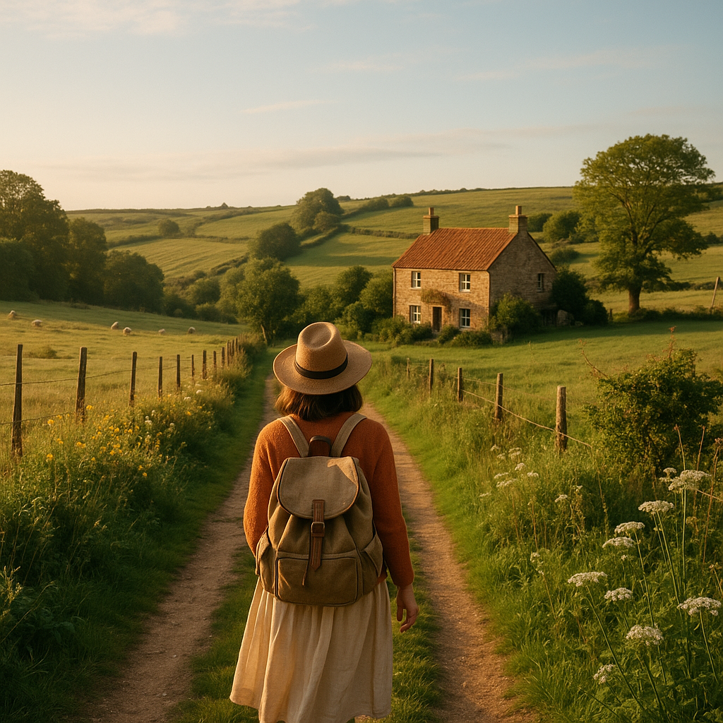 Woman with backpack walking on a rural path towards a countryside house at sunset, ideal for slow travel holidays.