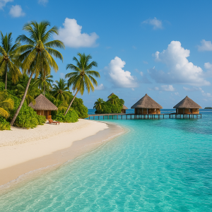 Tropical island beach with overwater bungalows and clear turquoise water, showcasing a perfect scenic island holiday.