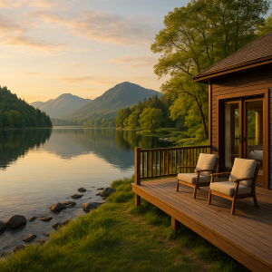 Cozy wooden lakeside cabin with deck overlooking calm water and mountain views at sunset, showcasing scenic accommodation.