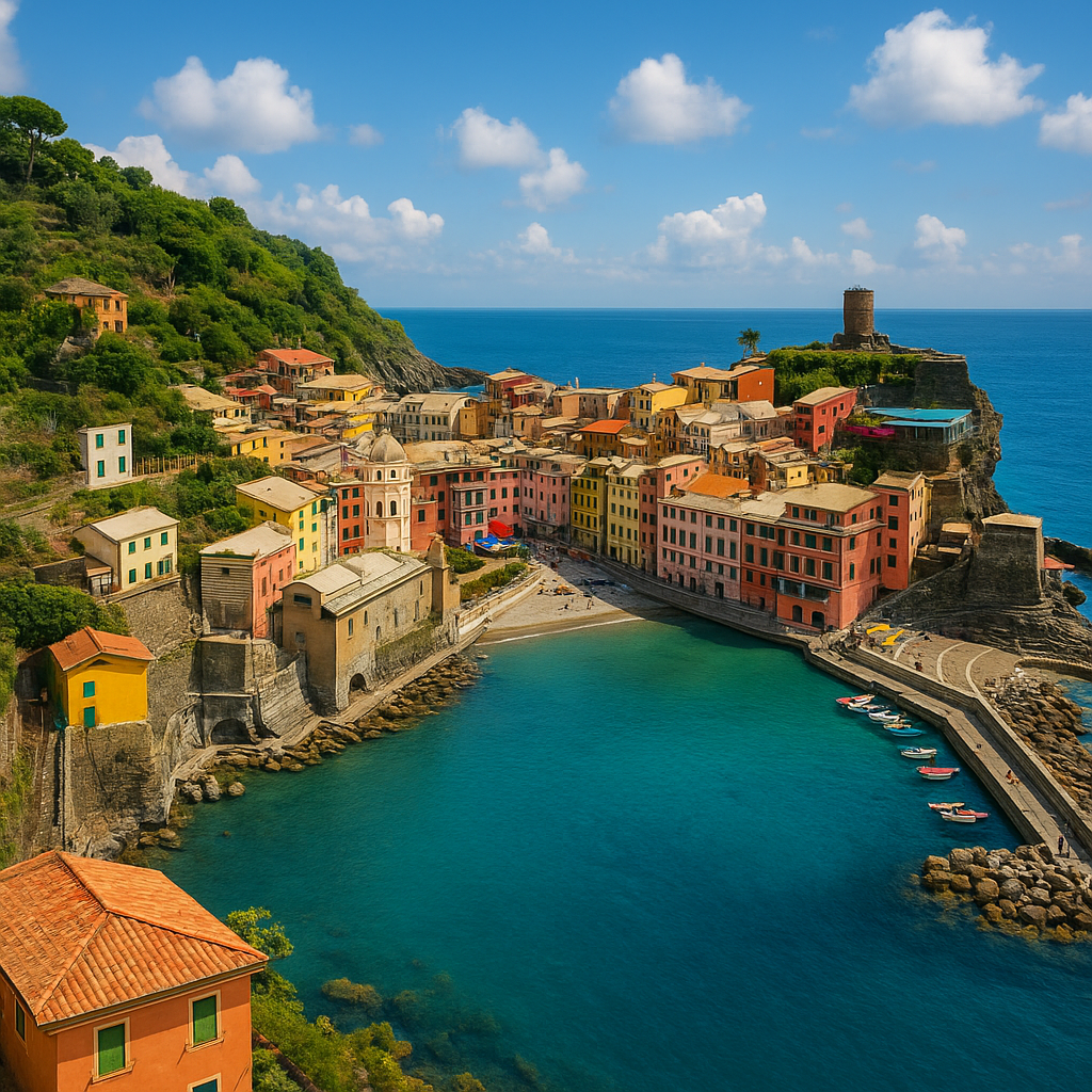 Colorful coastal village by clear blue water under bright sky, a charming seaside destination to stay on the coast