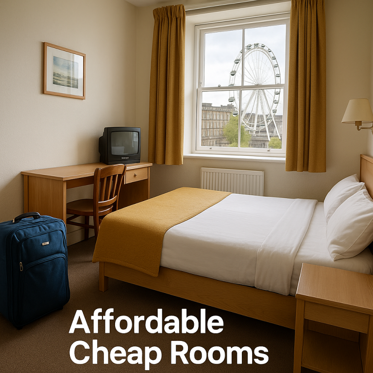 Cozy, affordable hotel room with bed, desk, and city view, ideal for budget stays near major attractions.