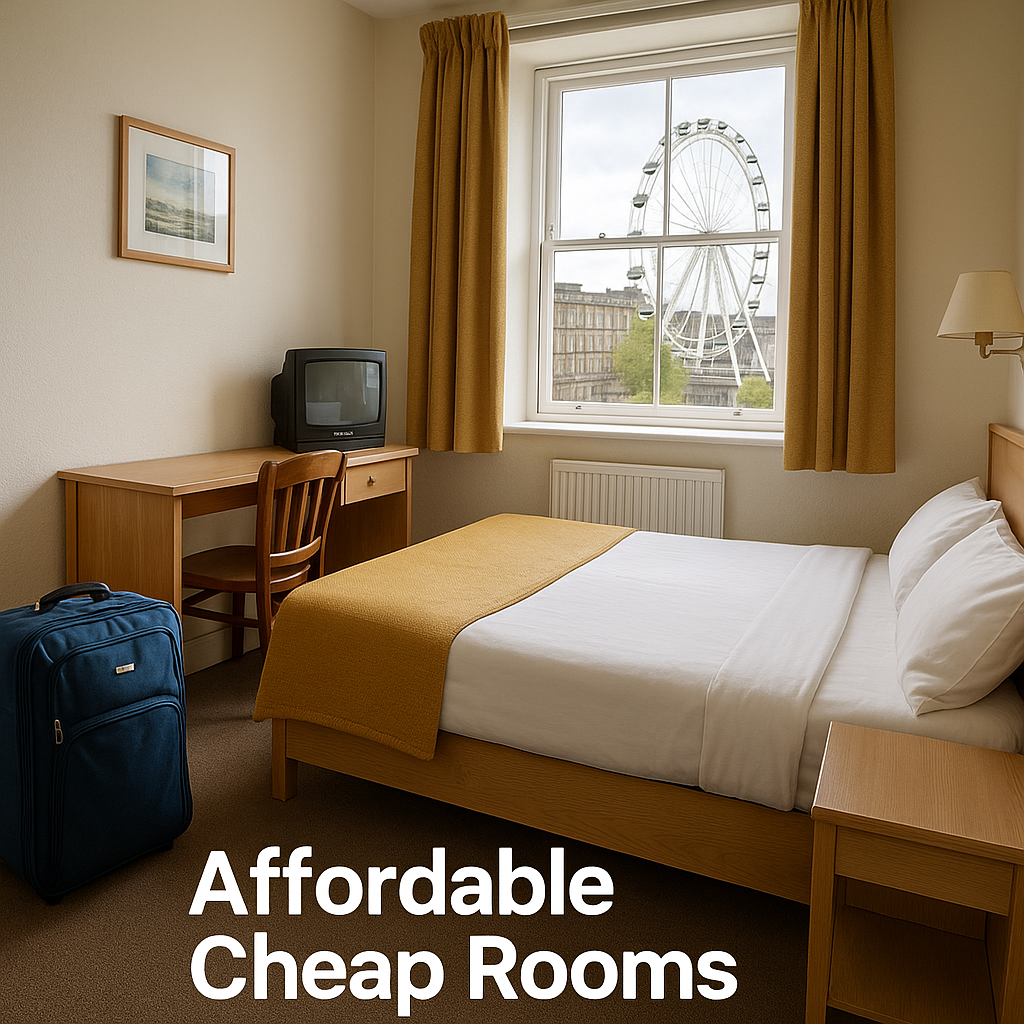 Cozy, affordable hotel room with bed, desk, and city view, ideal for budget stays near major attractions.