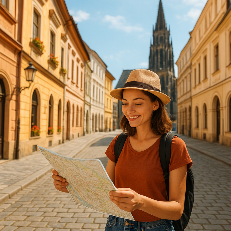 Young woman traveler with backpack and hat checks a map on a historic European city street
