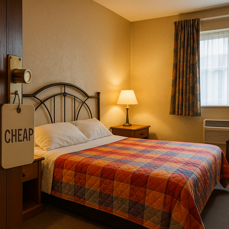 Cozy budget hotel room with a double bed, warm lighting, and simple, affordable comfort for travelers.