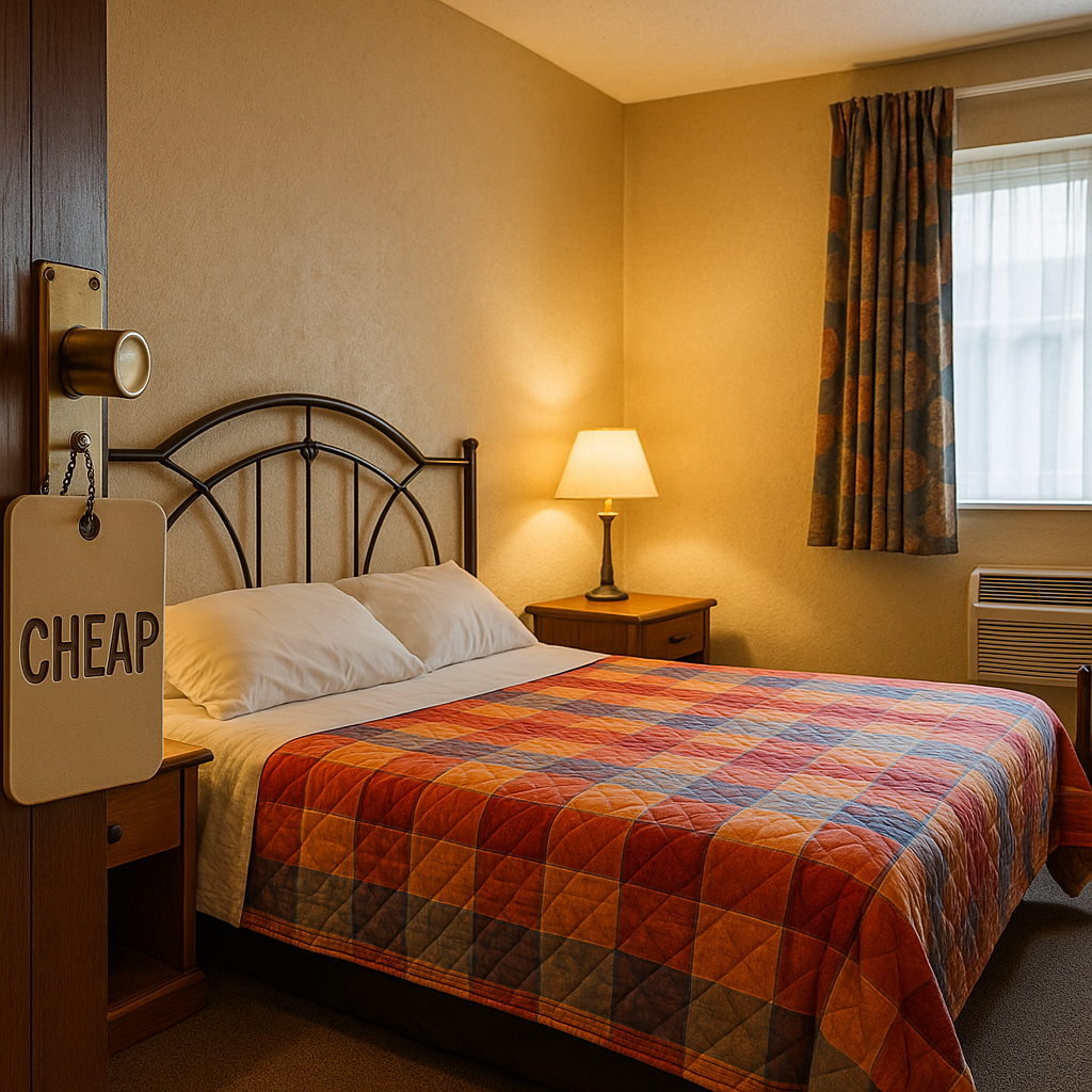 Cozy budget hotel room with a double bed, warm lighting, and simple, affordable comfort for travelers.