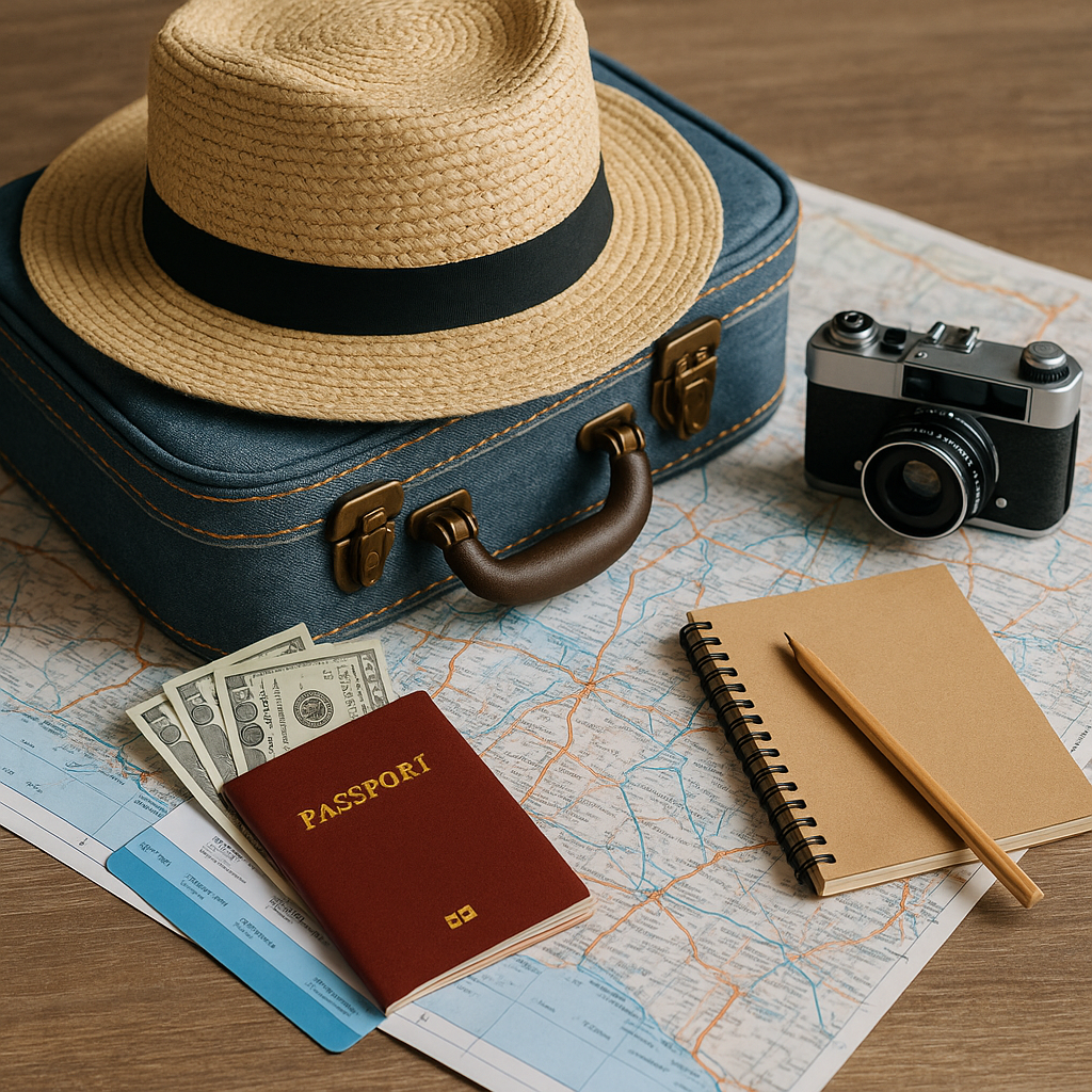 Travel essentials including suitcase, straw hat, passport, camera, notebook, and map for planning cheap weekend breaks.