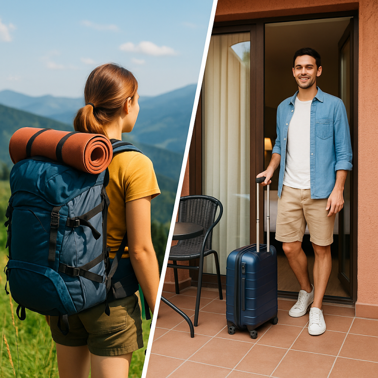 Split image: woman hiking with backpack on a trail, man standing with suitcase outside a hotel entrance.