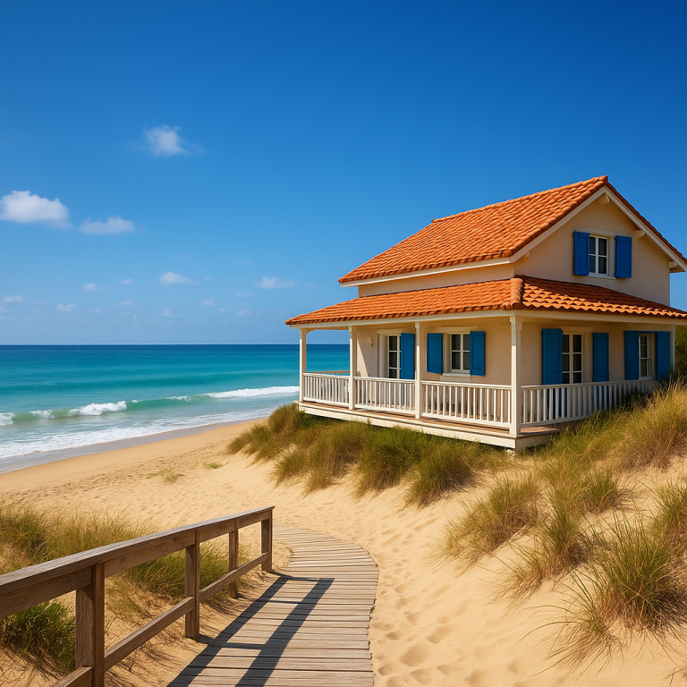 Beachfront house with wooden walkway leading to the ocean under a clear blue sky