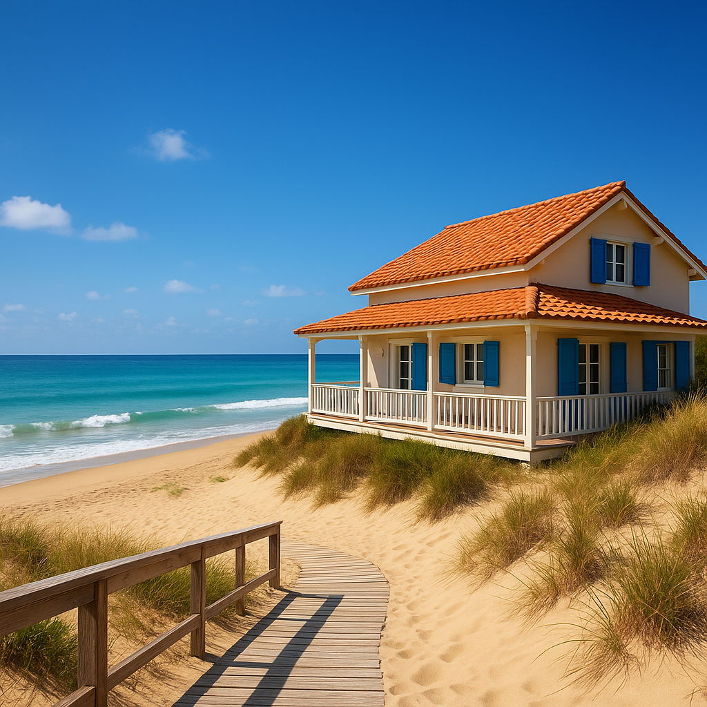 Beachfront house with wooden walkway leading to the ocean under a clear blue sky