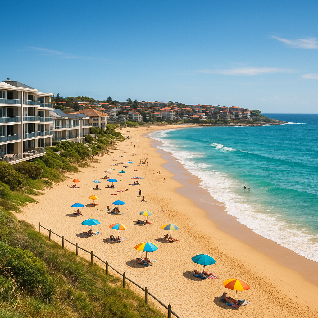 Scenic beach with colorful umbrellas and coastal buildings, illustrating beach holiday accommodation and choosing coastal sta