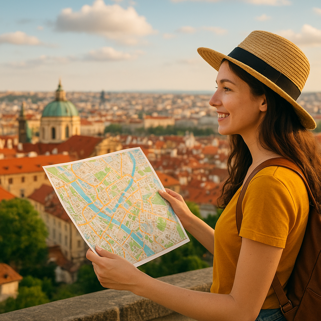 Young woman tourist with map exploring historic European city, ideal for beginner city breaks and first time city travel