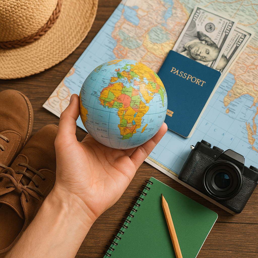 Travel essentials including a globe, passport, money, camera, map, notebook, and hat for budget destinations planning.