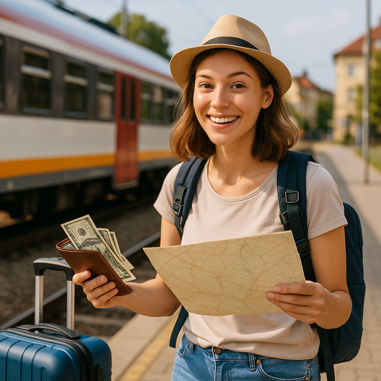 Young female traveler holding map and money, standing on train platform ready for budget travel adventure.