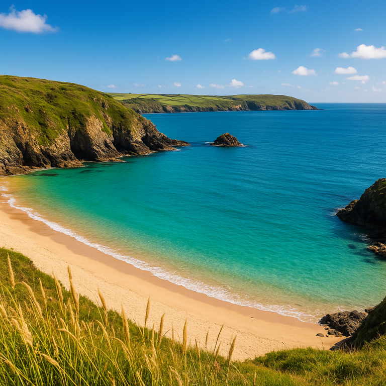 Scenic sandy beach with turquoise water and green cliffs under a clear blue sky, ideal for short coastal breaks