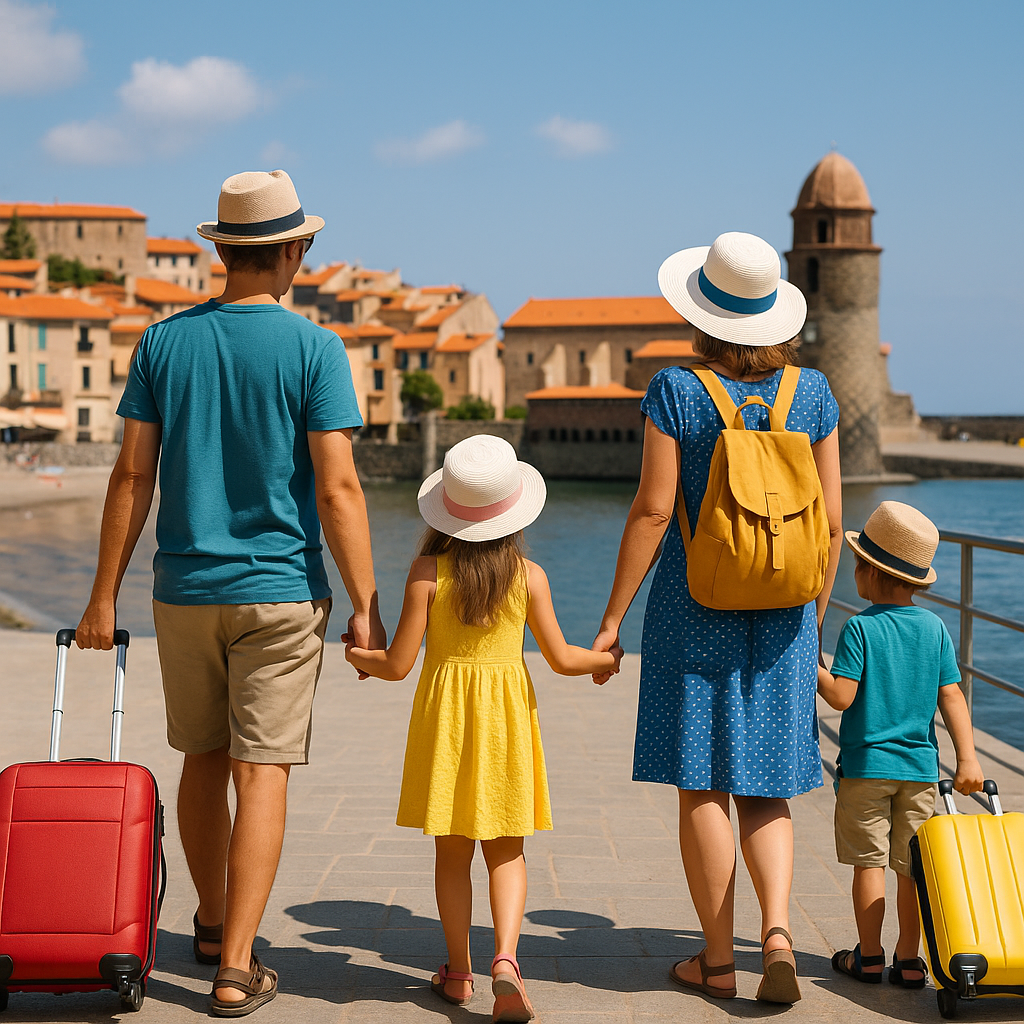 Family of four with luggage walking along a scenic Mediterranean waterfront, enjoying a stress-free family holiday.