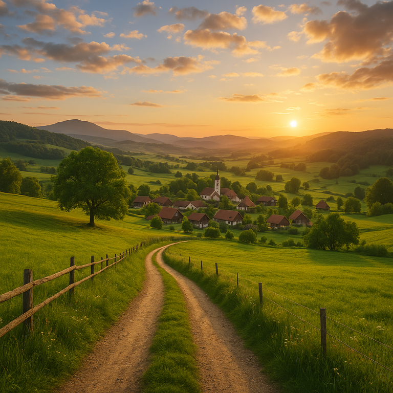 Sunset over a peaceful countryside village with rolling green hills and a winding dirt road.