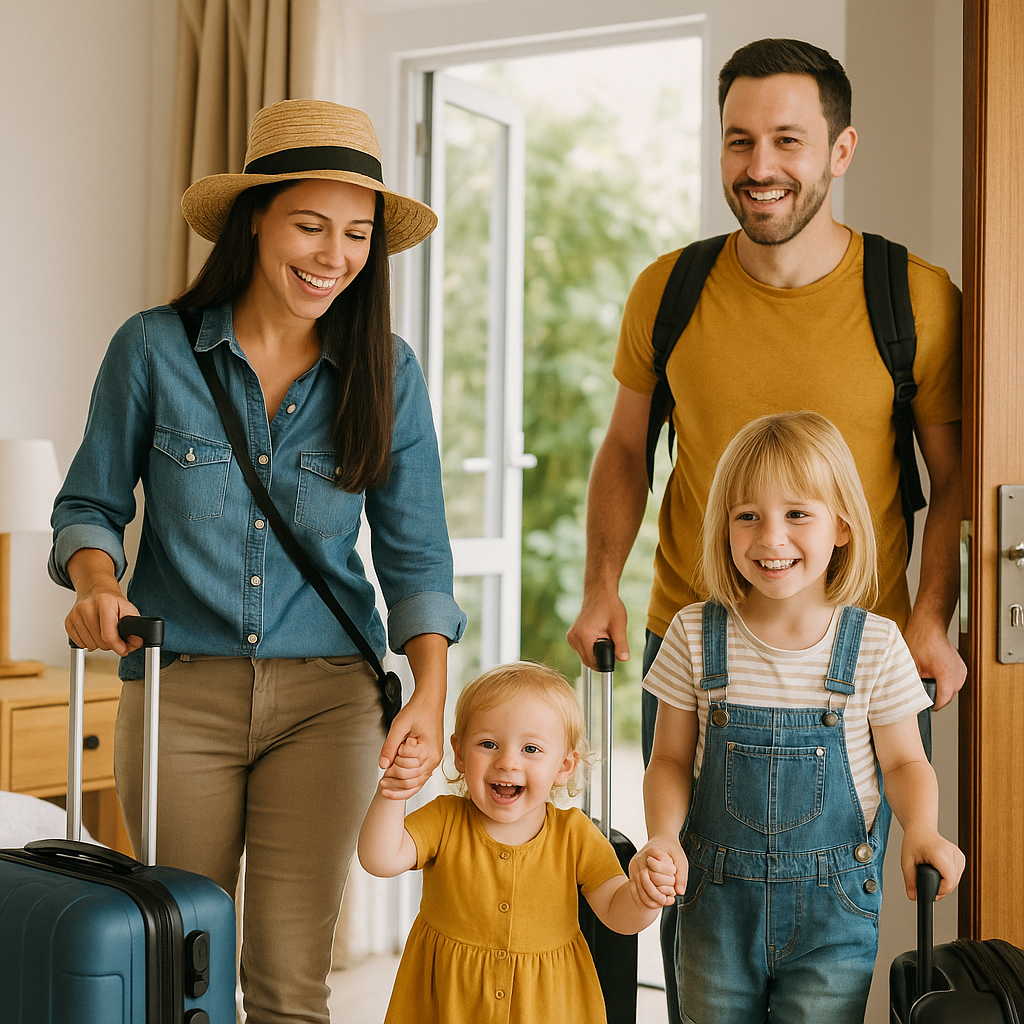 Happy family with toddlers smiling and carrying luggage, arriving at a comfortable family-friendly accommodation.