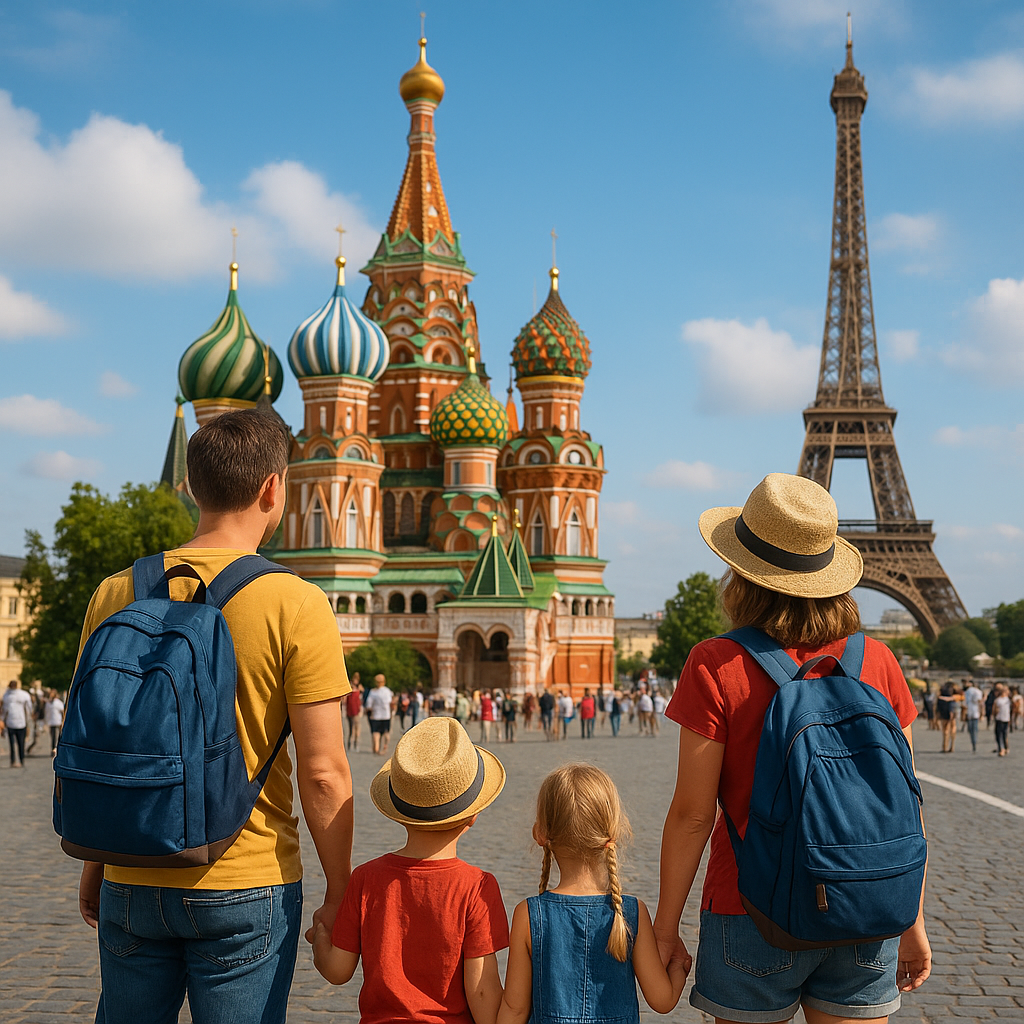 Tourists exploring St. Basil's Cathedral and the Eiffel Tower in a surreal collage showcasing top family travel destinations