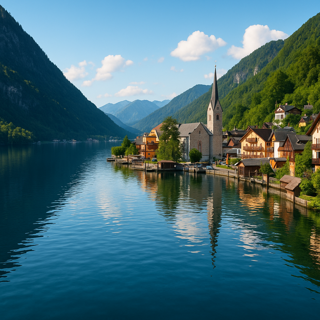Scenic lakeside village with traditional houses and church, mountains in the background, under a clear blue sky.