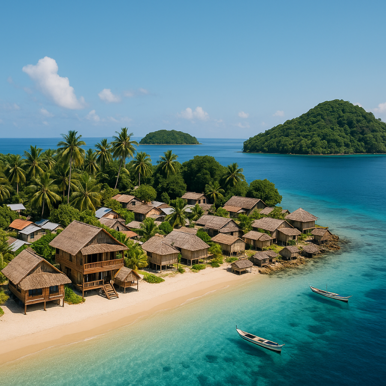 Tropical small island resort with thatched bungalows, palm trees, and clear blue ocean waters near a vibrant village.
