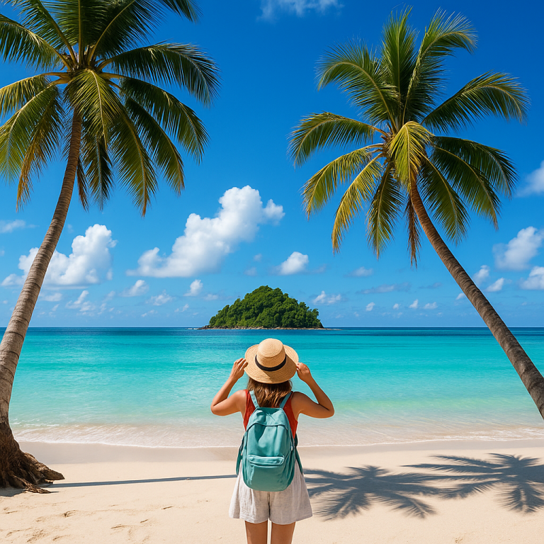 Tropical beach with clear turquoise water, palm trees, and a woman enjoying a sunny view on her first island holiday.