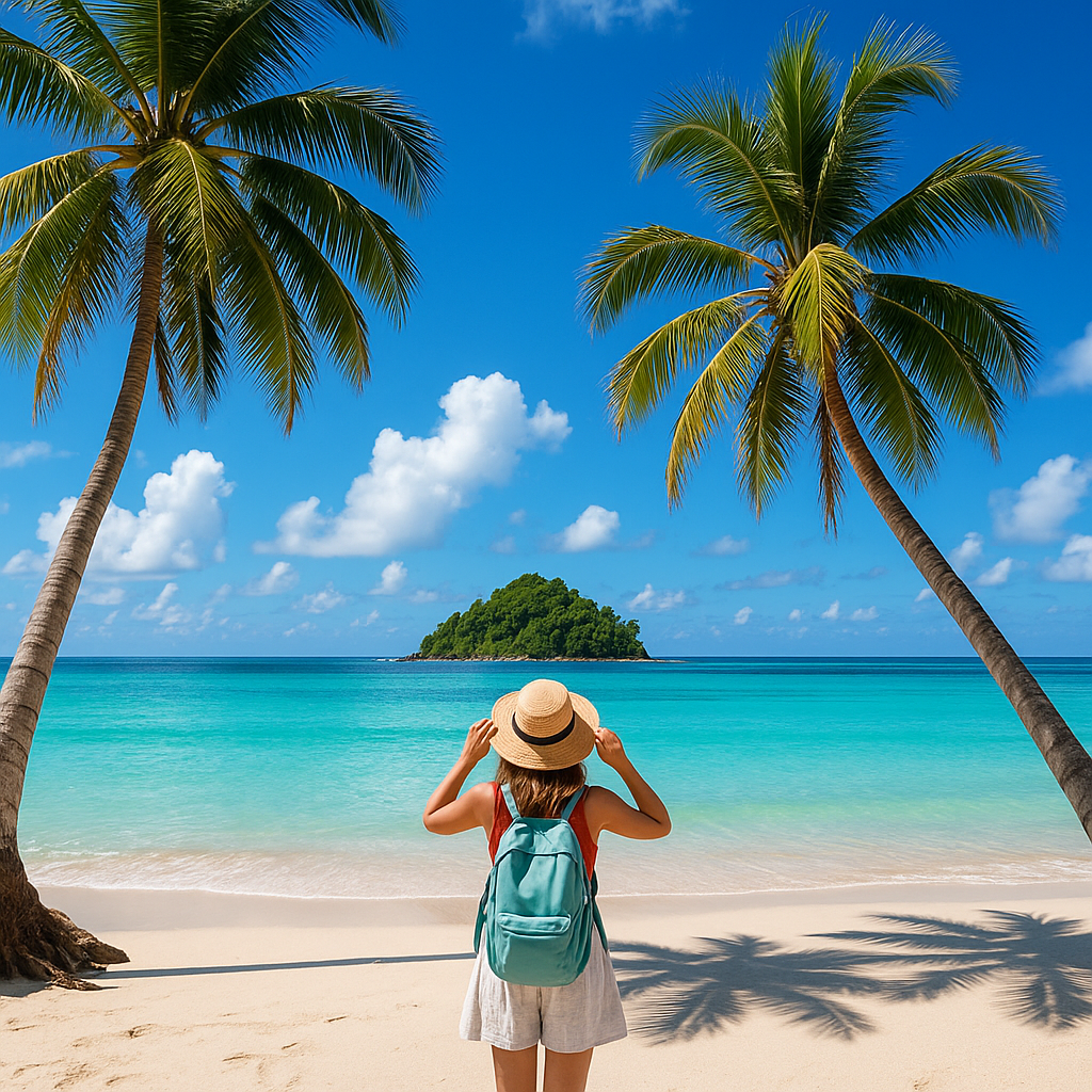 Tropical beach with clear turquoise water, palm trees, and a woman enjoying a sunny view on her first island holiday.