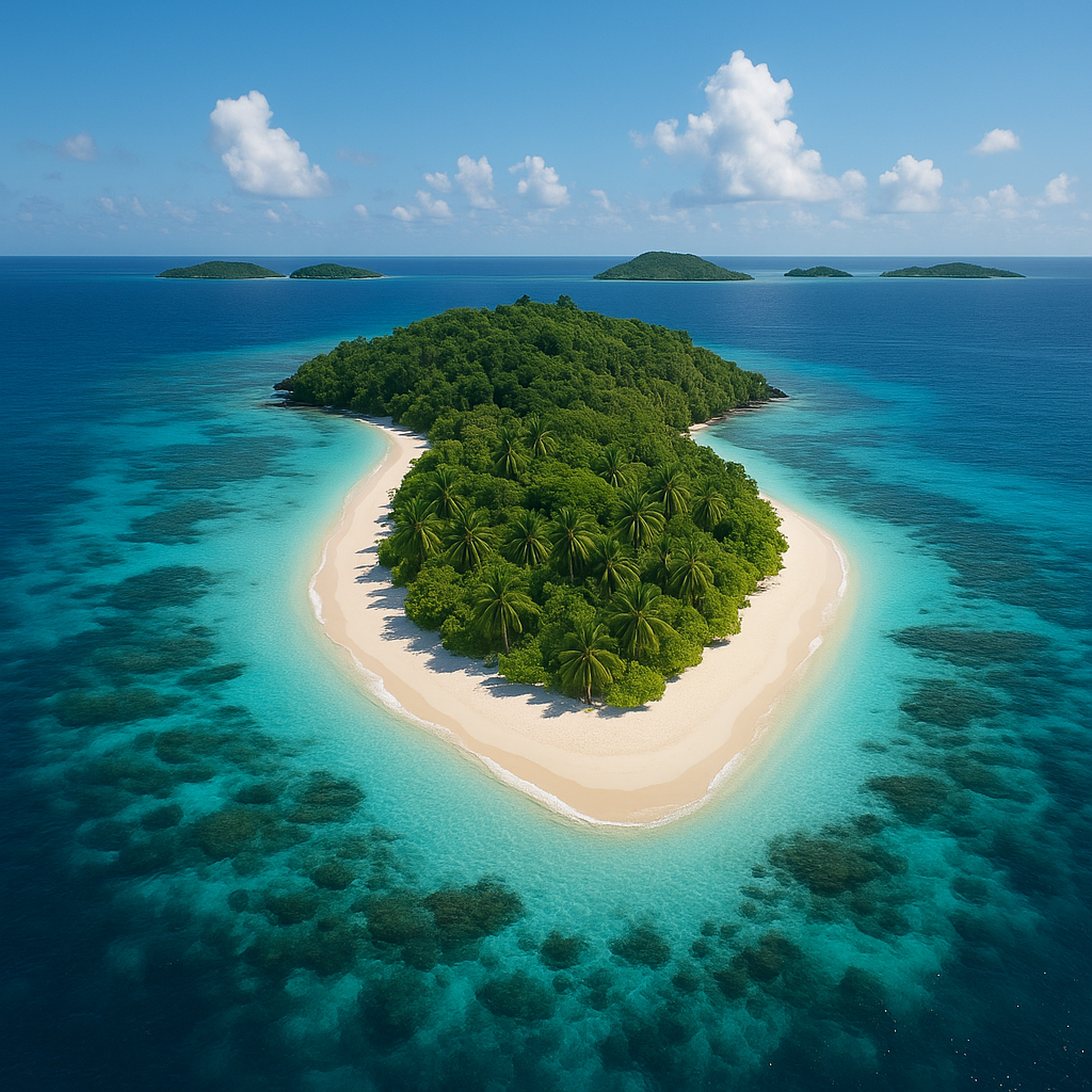 Aerial view of a tropical island with lush greenery, white sandy beaches, and clear turquoise waters.
