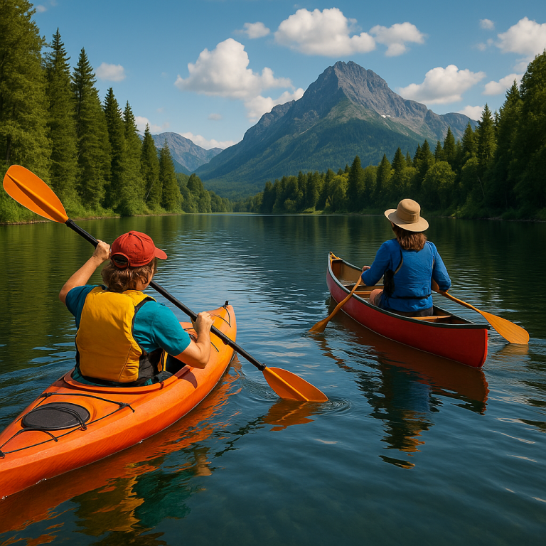 Two people kayaking and canoeing on a calm mountain lake surrounded by pine trees and scenic mountains.