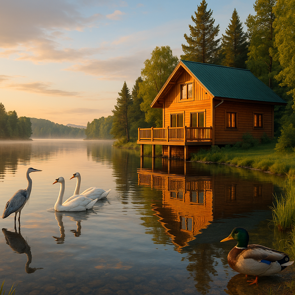 Peaceful lakeside wooden cabin surrounded by trees with swans, a heron, and a duck at sunrise.