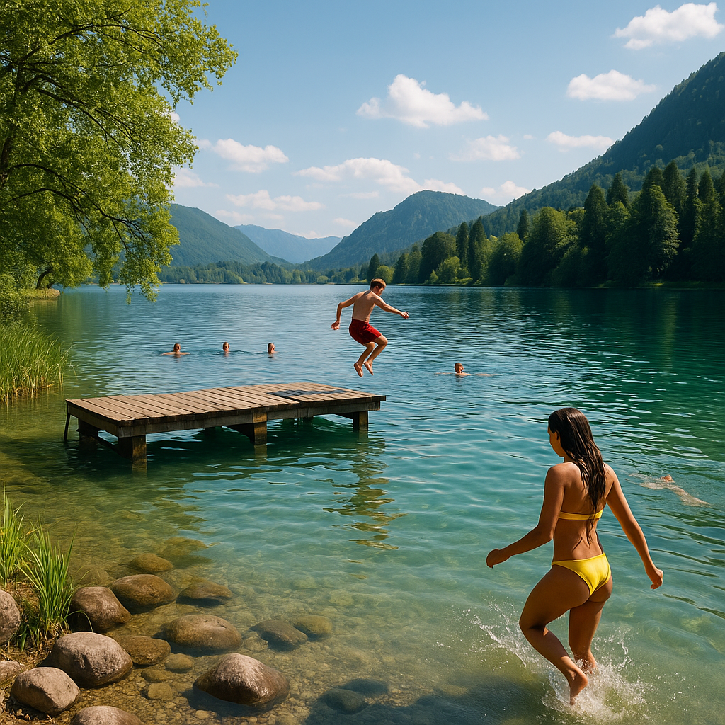 People swimming and jumping into a clear mountain lake on a sunny summer day, enjoying a refreshing holiday.