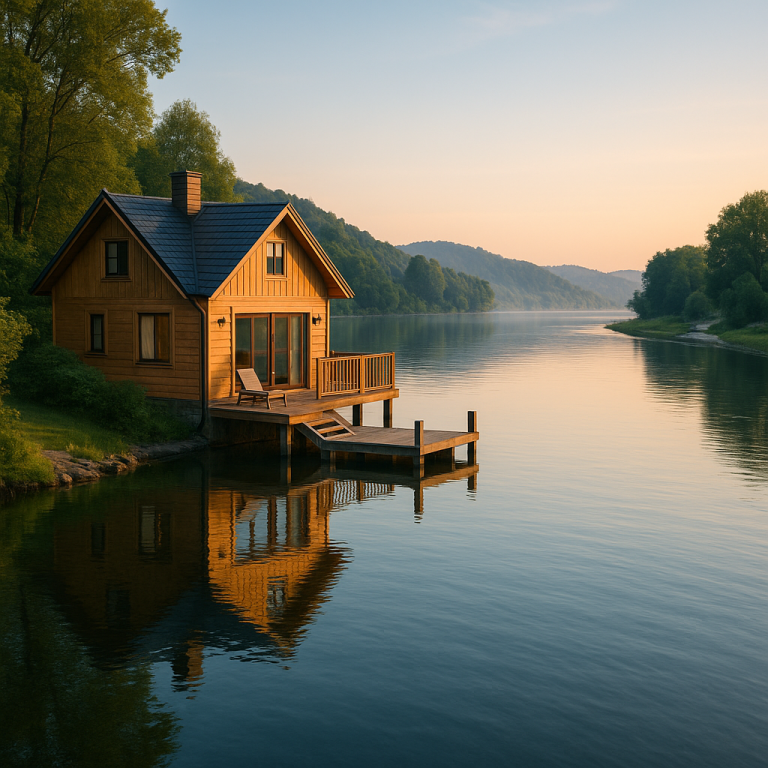 Cozy wooden cabin with dock on a serene river at sunset, surrounded by lush greenery for a peaceful water escape