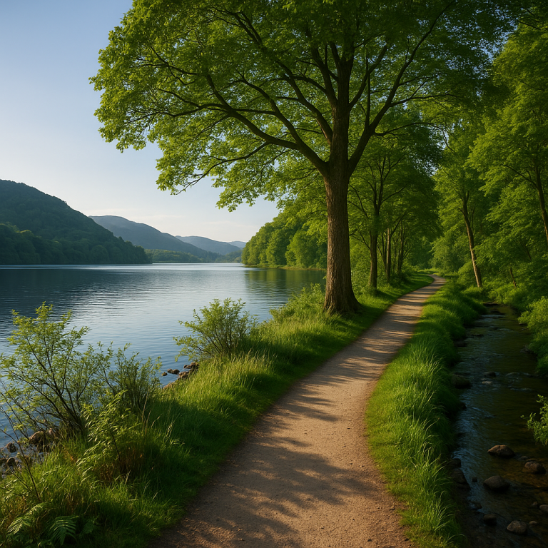 Scenic riverside walking path winding through lush green trees and hills on a sunny day.