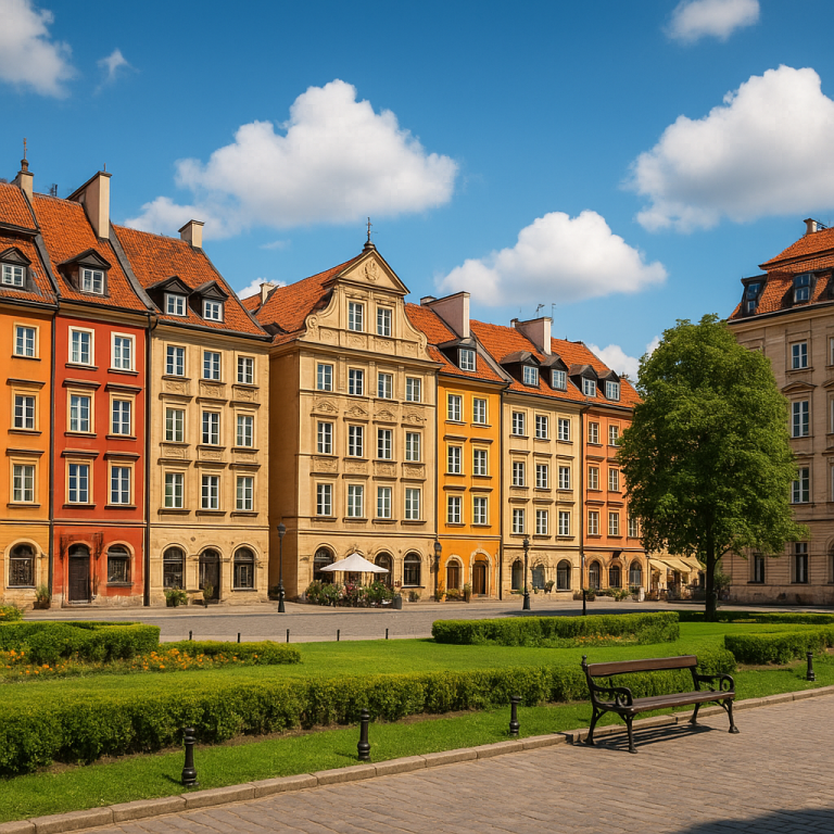 Colorful historic buildings on a sunny European city square, highlighting cultural districts and best neighbourhoods to stay