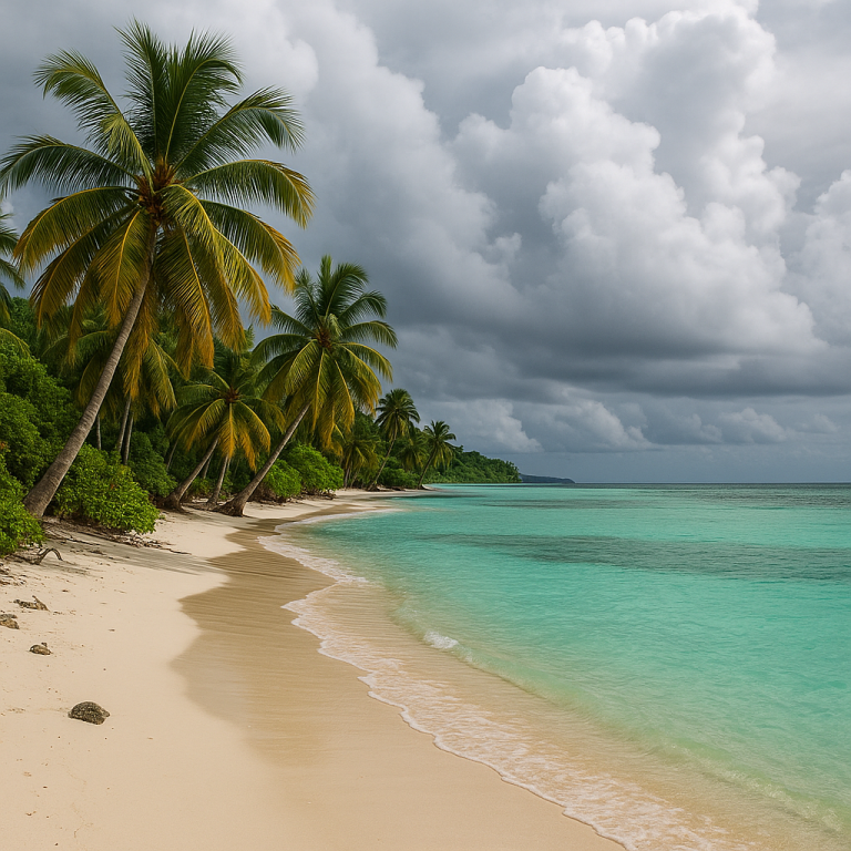Tropical beach with palm trees and turquoise water under a cloudy sky, perfect for off season island travel.