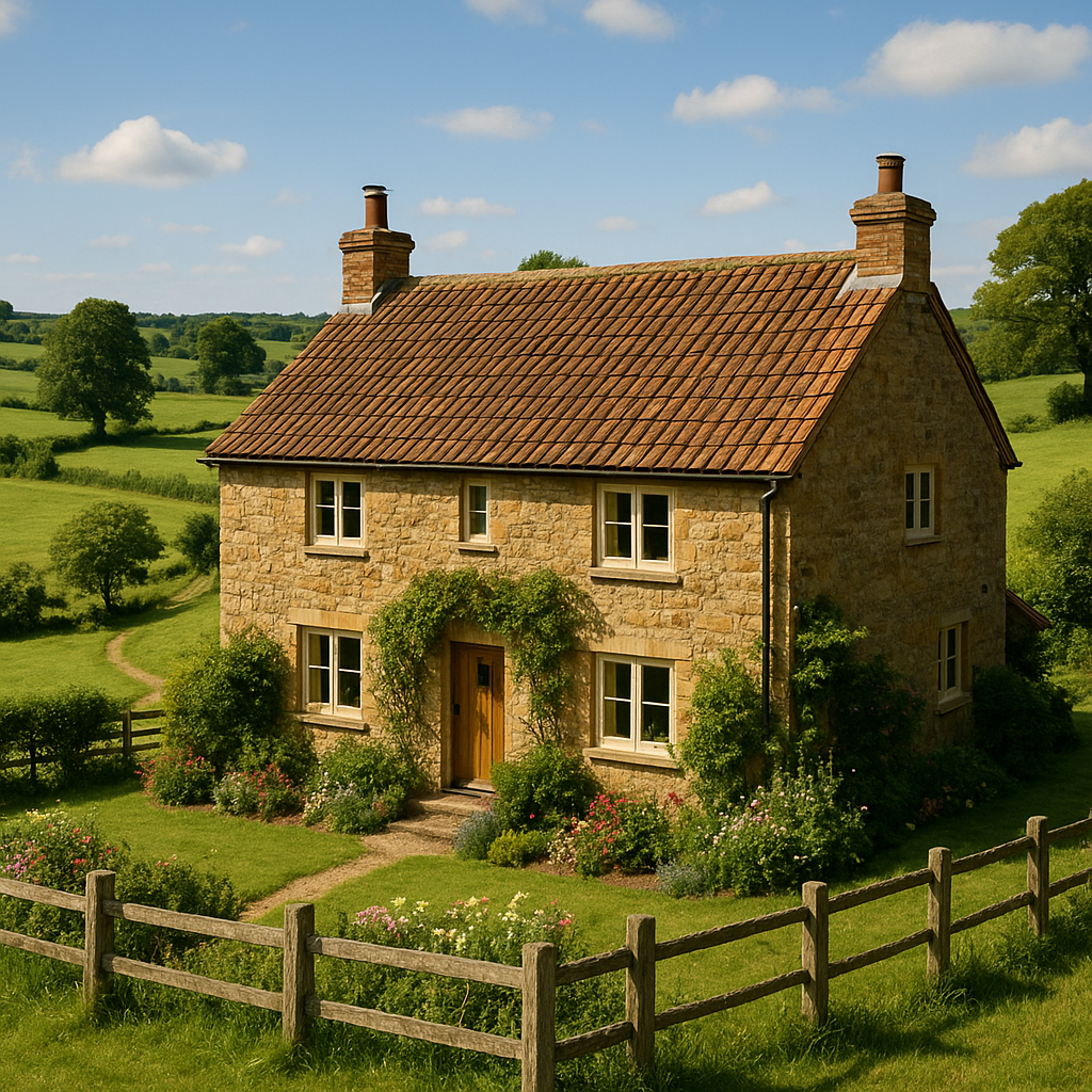 Charming stone cottage with a tiled roof, surrounded by lush garden and wooden fence in a scenic countryside setting.