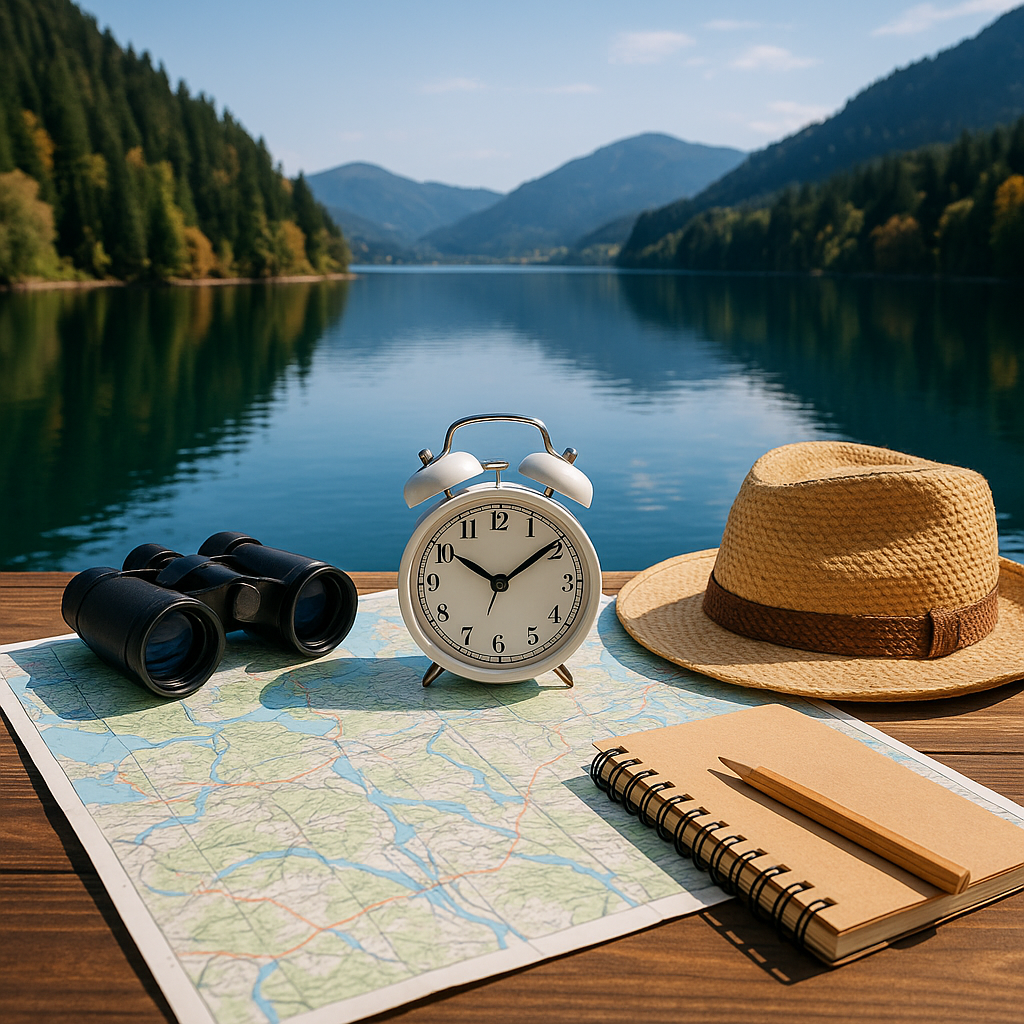 Scenic lake view with map, binoculars, alarm clock, notebook, and straw hat on a wooden dock for travel planning.