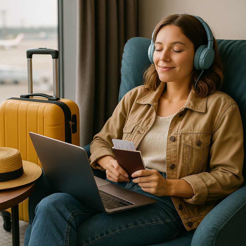 Young woman with headphones holding passport and boarding pass, using laptop in airport lounge, embodying budget comfort trav