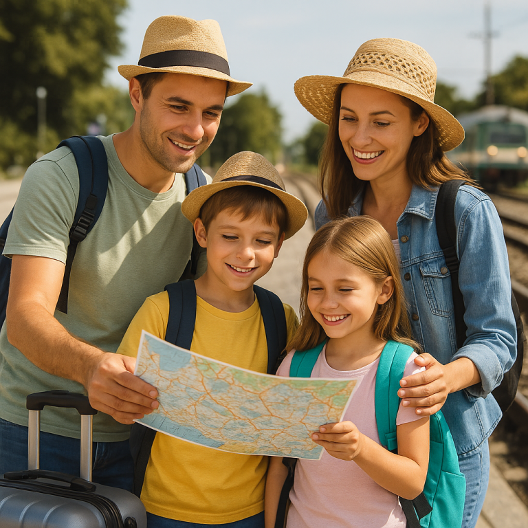 Family of four with hats and backpacks reading a map outdoors by a railway station for budget family travel.