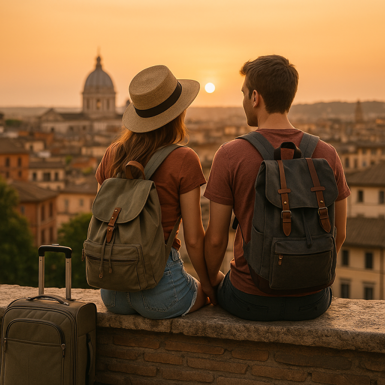 Couple with backpacks watching a romantic sunset over a historic city, enjoying a budget travel adventure together.