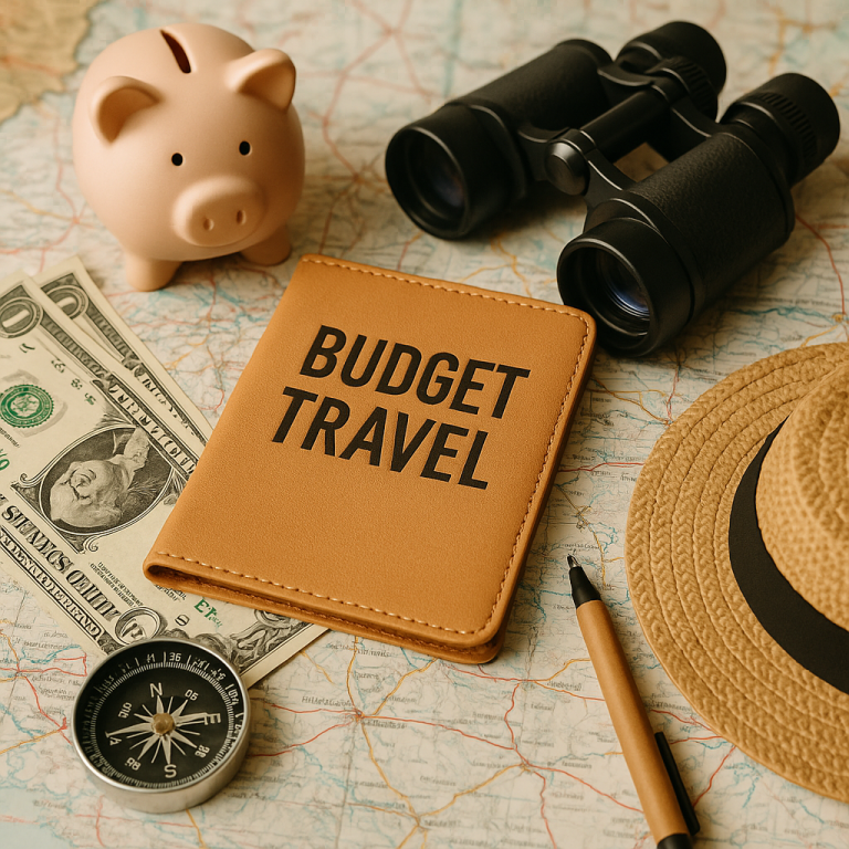 Travel essentials for budget travel including wallet, piggy bank, binoculars, compass, money, pen, and hat on a map.