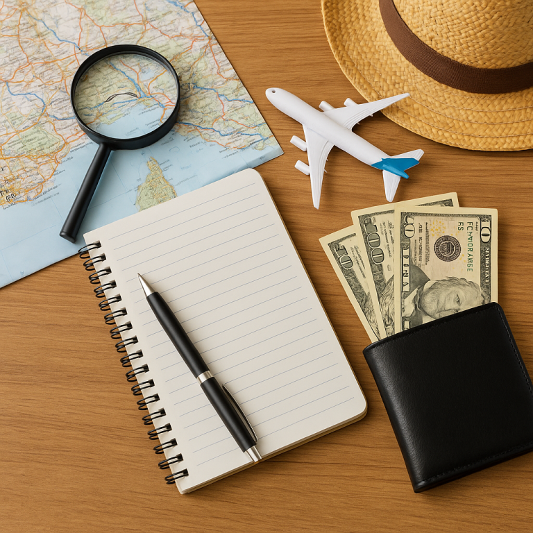 Travel planning essentials like map, magnifying glass, notebook, pen, toy airplane, money, wallet, and straw hat on a table.